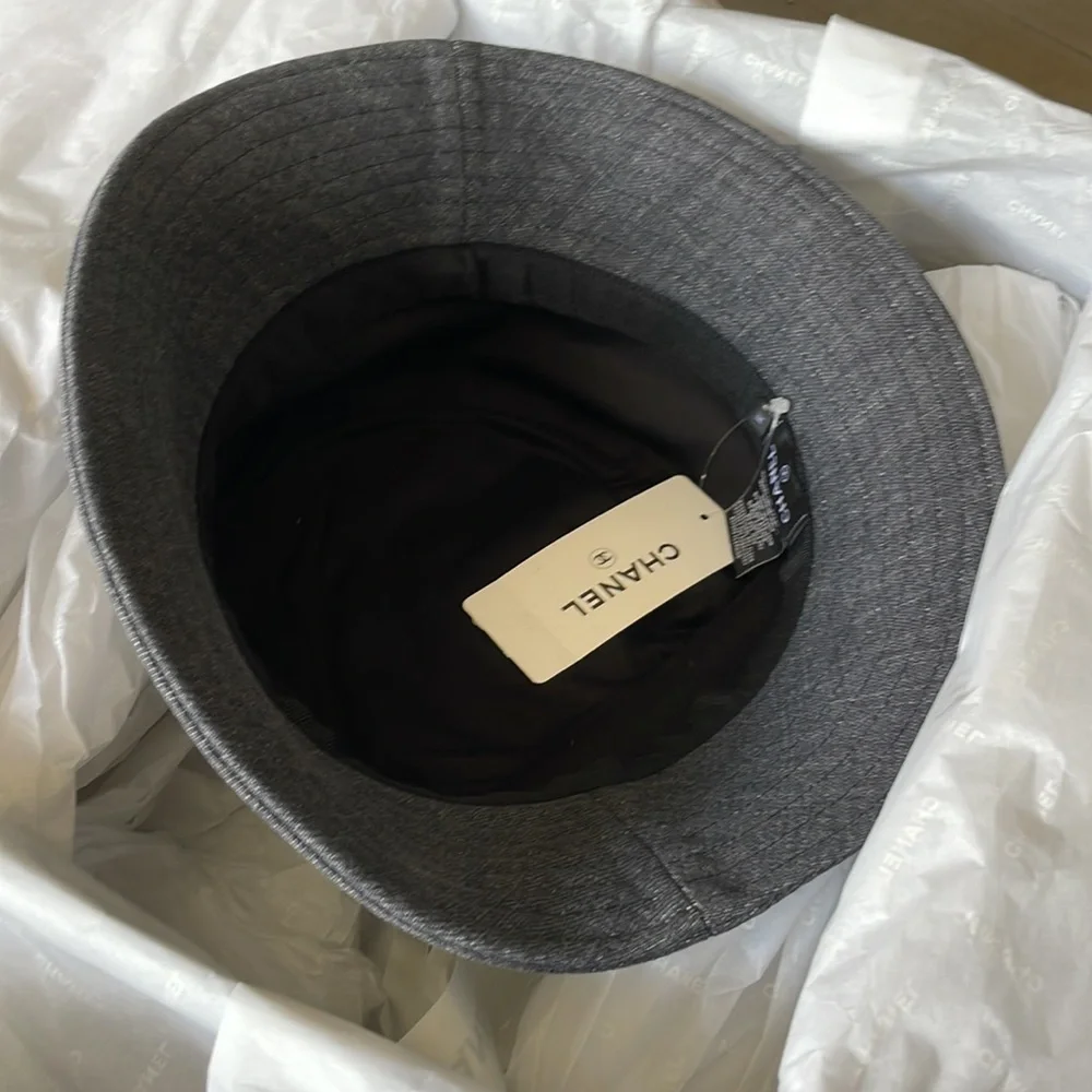 Chanel coco beach black denim sequin logo beach coco cap hat sz MEDIUM